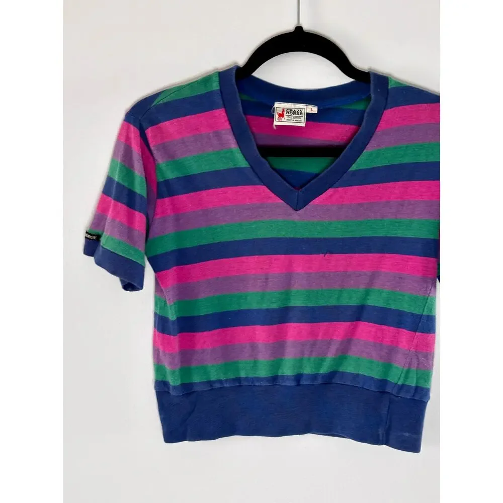Vintage 1990s Crazy Horse Striped T-Shirt Kids L Fits Adult S Blue Pink Green